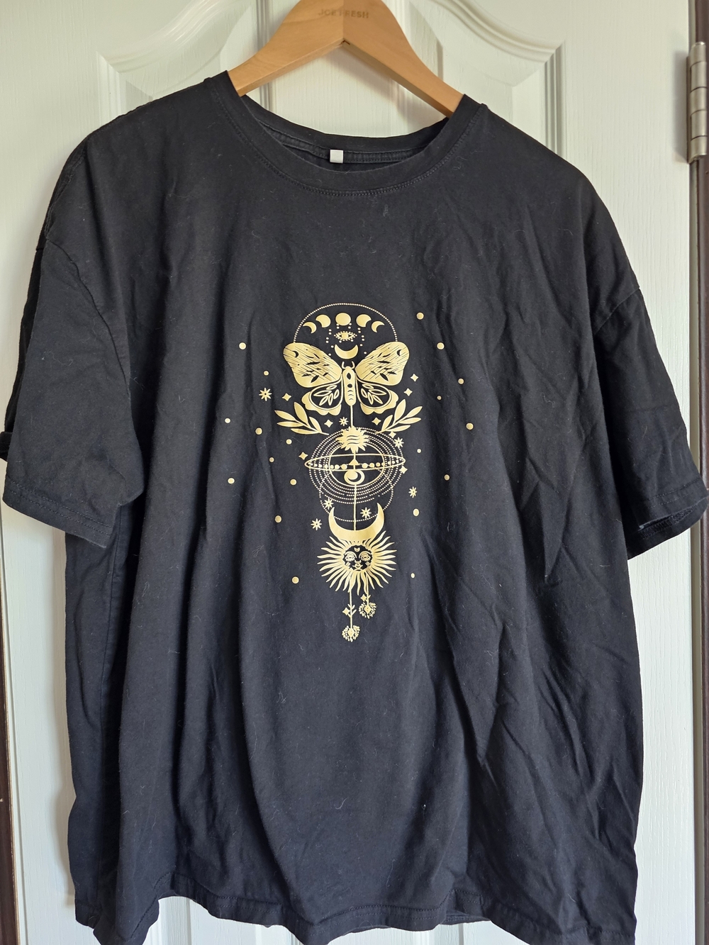 Black Graphic Crewneck T-Shirt with Gold Mystic Print
